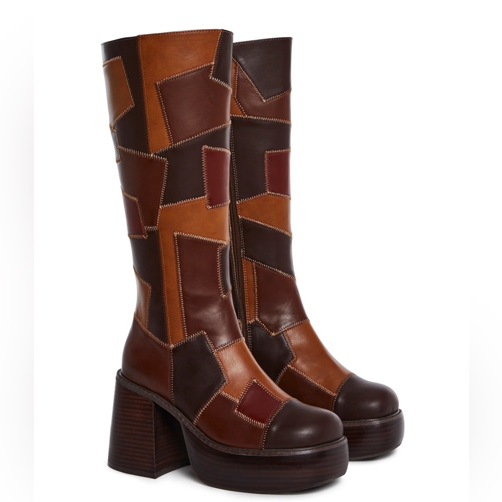 Y2K Delia inspired!! Patchwork Leather Knee-High Boots Platform